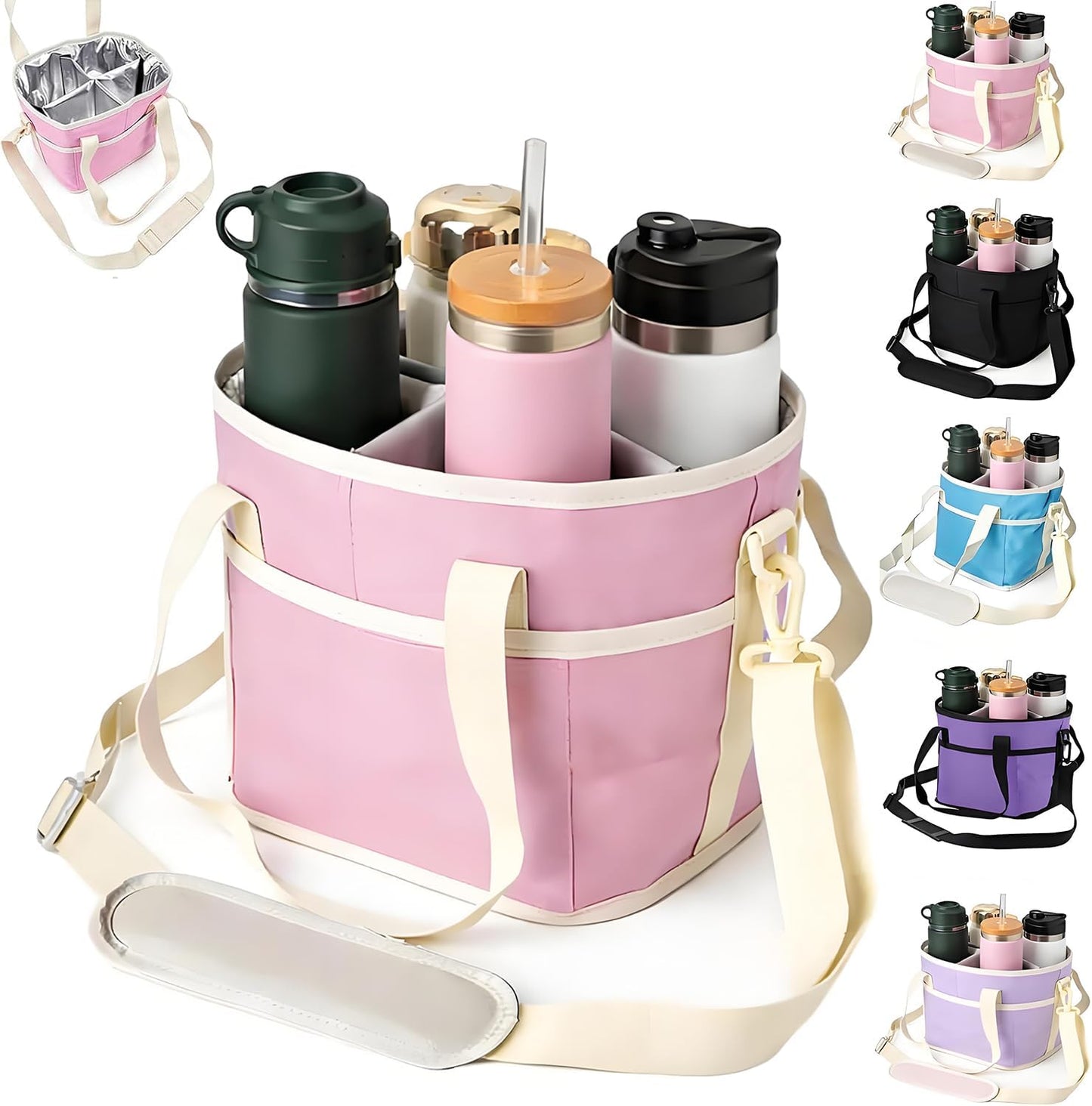 Drink Carrier Bag for 4 Cups, Insulated Drink Carrier with 4 Compartments, Portable Tumbler Holder with Adjustable Strap, Drink Caddy Tote for Coffee, Travel, Takeout & Outings (Black)