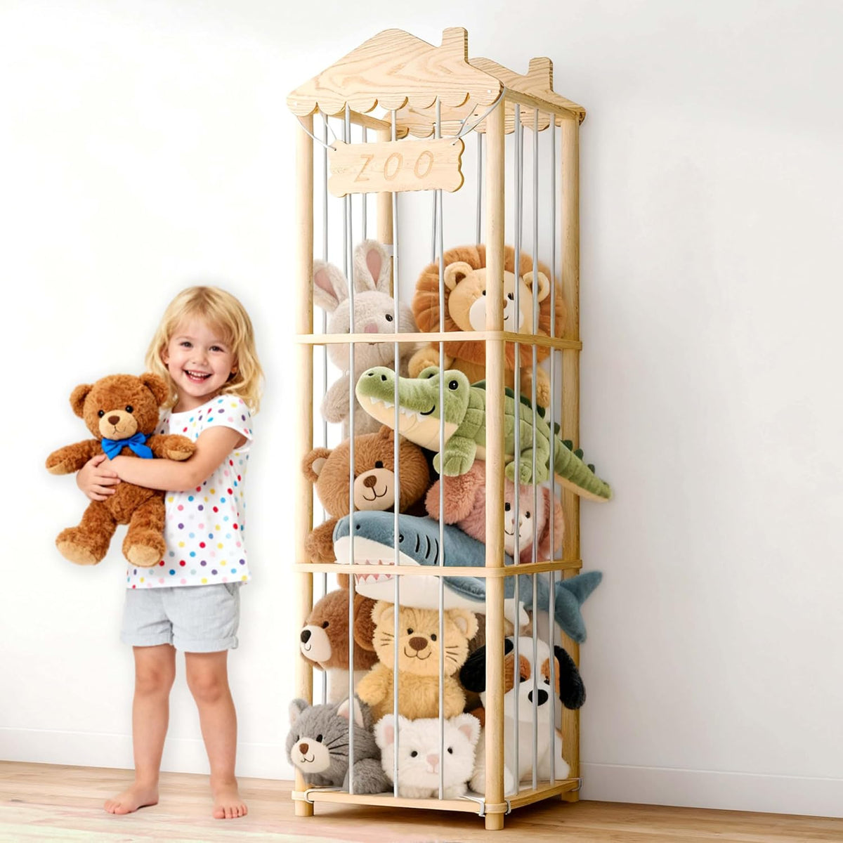 Stuffed Animal Storage, Wood Stuffed Animal Zoo Holder, Large Kids Toy Organizers, Plushies Storage for Boys Girls Bedroom, Playroom, Nursery (15.75 x 15.75 x 55 inch)