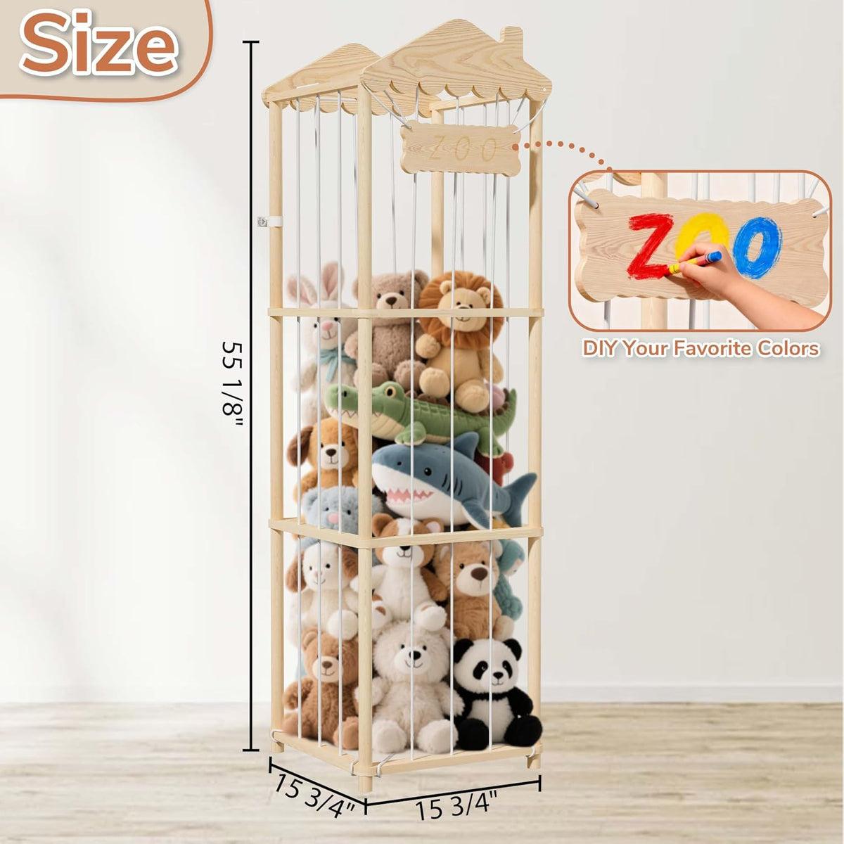 Stuffed Animal Storage, Wood Stuffed Animal Zoo Holder, Large Kids Toy Organizers, Plushies Storage for Boys Girls Bedroom, Playroom, Nursery (15.75 x 15.75 x 55 inch)