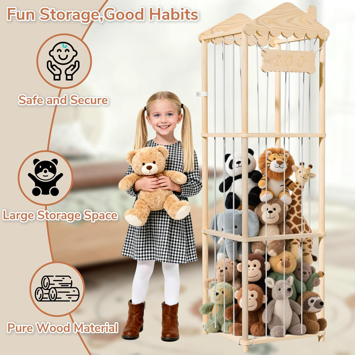 Stuffed Animal Storage, Wood Stuffed Animal Zoo Holder, Large Kids Toy Organizers, Plushies Storage for Boys Girls Bedroom, Playroom, Nursery (15.75 x 15.75 x 55 inch)