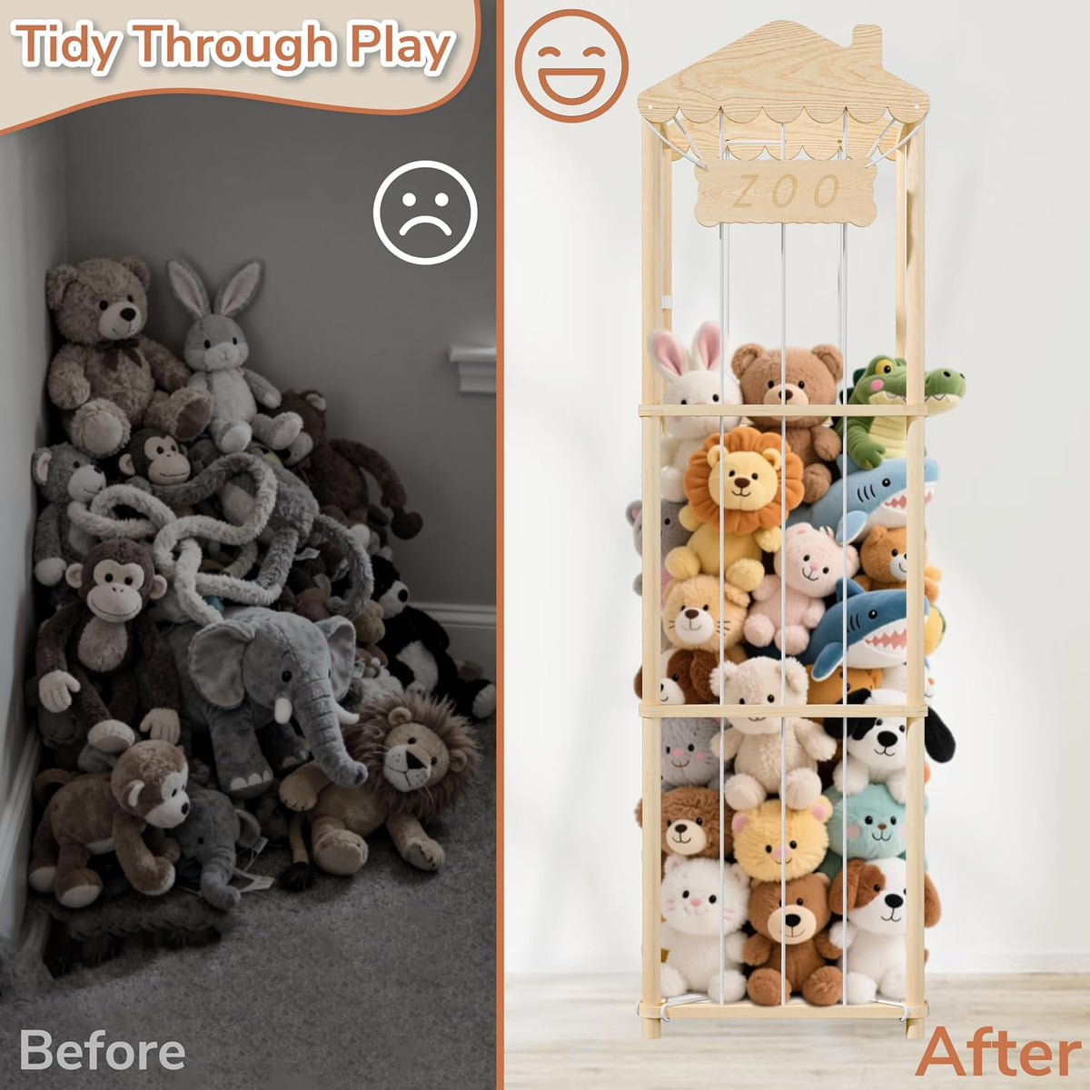 Stuffed Animal Storage, Wood Stuffed Animal Zoo Holder, Large Kids Toy Organizers, Plushies Storage for Boys Girls Bedroom, Playroom, Nursery (15.75 x 15.75 x 55 inch)
