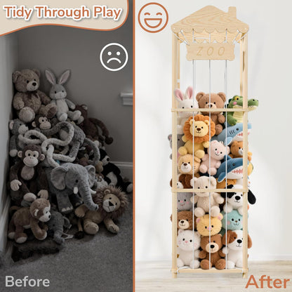 Stuffed Animal Storage, Wood Stuffed Animal Zoo Holder, Large Kids Toy Organizers, Plushies Storage for Boys Girls Bedroom, Playroom, Nursery (15.75 x 15.75 x 55 inch)