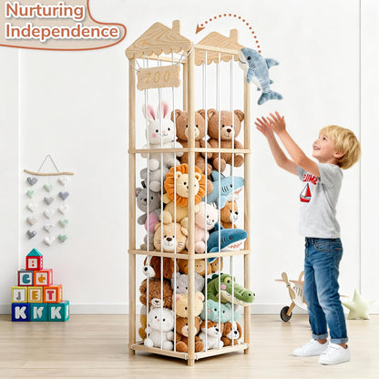 Stuffed Animal Storage, Wood Stuffed Animal Zoo Holder, Large Kids Toy Organizers, Plushies Storage for Boys Girls Bedroom, Playroom, Nursery (15.75 x 15.75 x 55 inch)