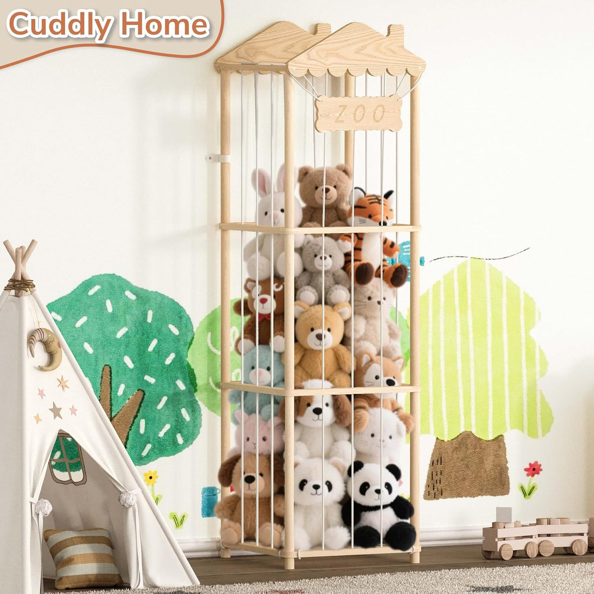 Stuffed Animal Storage, Wood Stuffed Animal Zoo Holder, Large Kids Toy Organizers, Plushies Storage for Boys Girls Bedroom, Playroom, Nursery (15.75 x 15.75 x 55 inch)