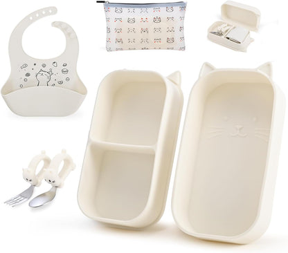Cat Toddler Feeding Set, 2 Snap-Together Plates + Steel Utensils, Pink
