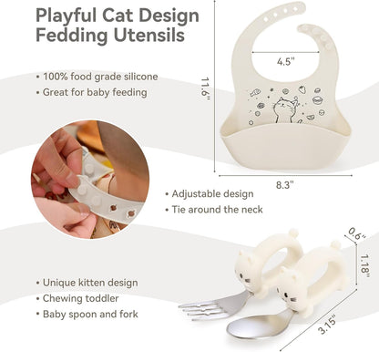 Cat Toddler Feeding Set, 2 Snap-Together Plates + Steel Utensils, Pink