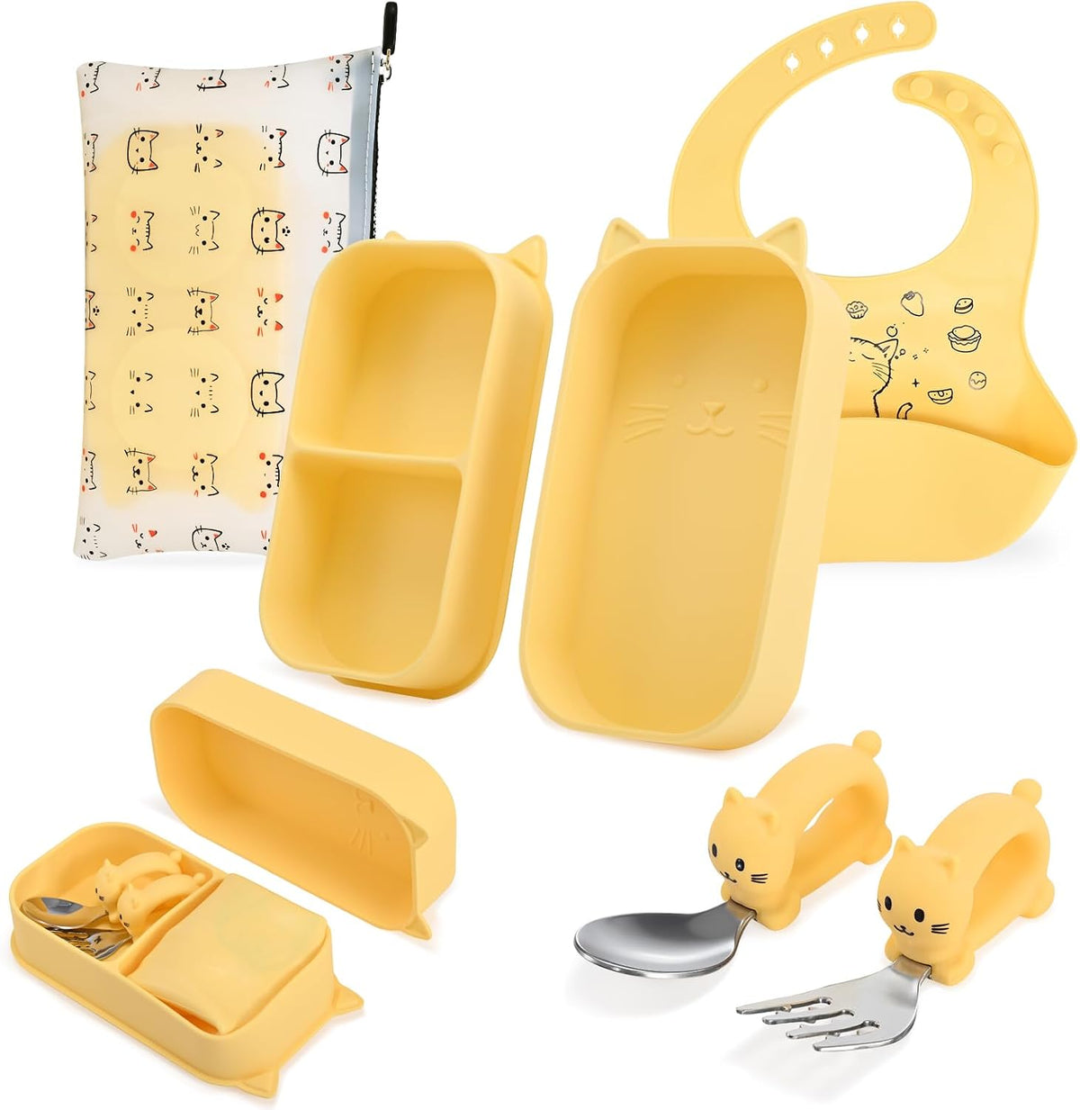 Cat Toddler Feeding Set, 2 Snap-Together Plates + Steel Utensils, Pink