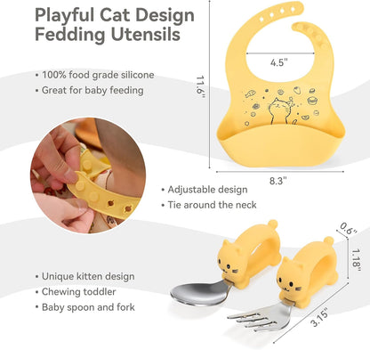 Cat Toddler Feeding Set, 2 Snap-Together Plates + Steel Utensils, Pink