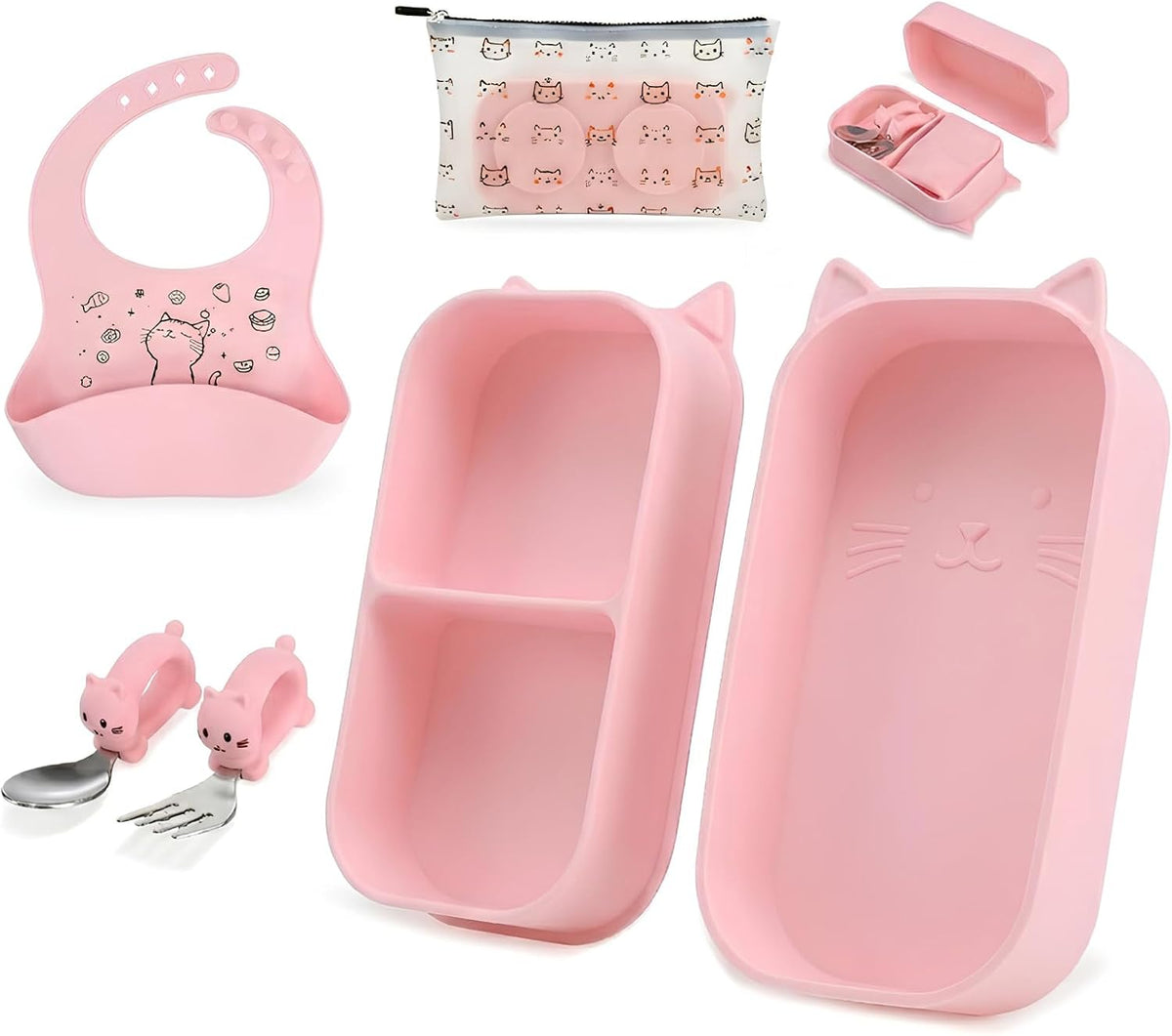 Cat Toddler Feeding Set, 2 Snap-Together Plates + Steel Utensils, Pink