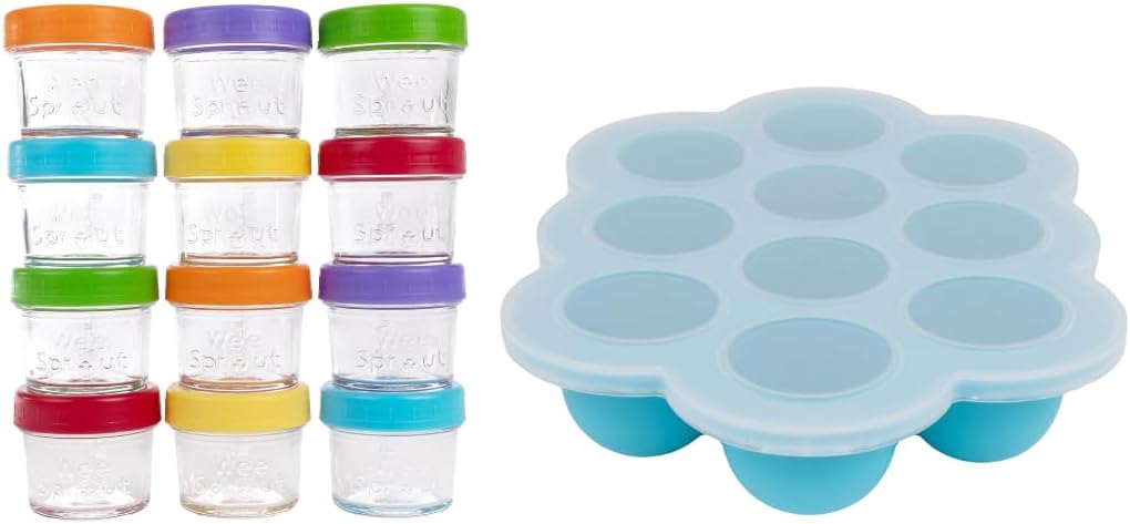 Baby Meal Prep Bundle - Glass Baby Food Storage Jars Containers with Plastic Lids & Silicone Freezer Tray - Microwave, Freezer & Dishwasher Safe - for Baby Food & Breast Milk