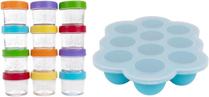 Baby Meal Prep Bundle - Glass Baby Food Storage Jars Containers with Plastic Lids & Silicone Freezer Tray - Microwave, Freezer & Dishwasher Safe - for Baby Food & Breast Milk