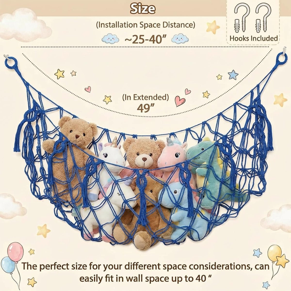 Stuffed Animal Net or Hammock XL for Flat Wall Mounted Handmade Macrame Toy Display Hanging Plush Toy Net for Stuff Animal Storage(Cream)