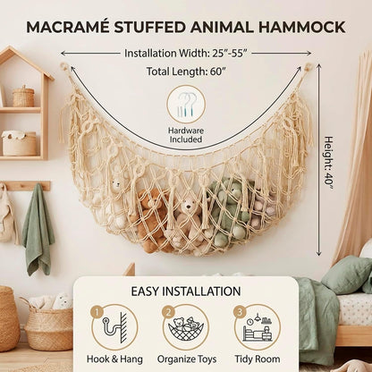 Stuffed Animal Net or Hammock XL for Flat Wall Mounted Handmade Macrame Toy Display Hanging Plush Toy Net for Stuff Animal Storage(Cream)