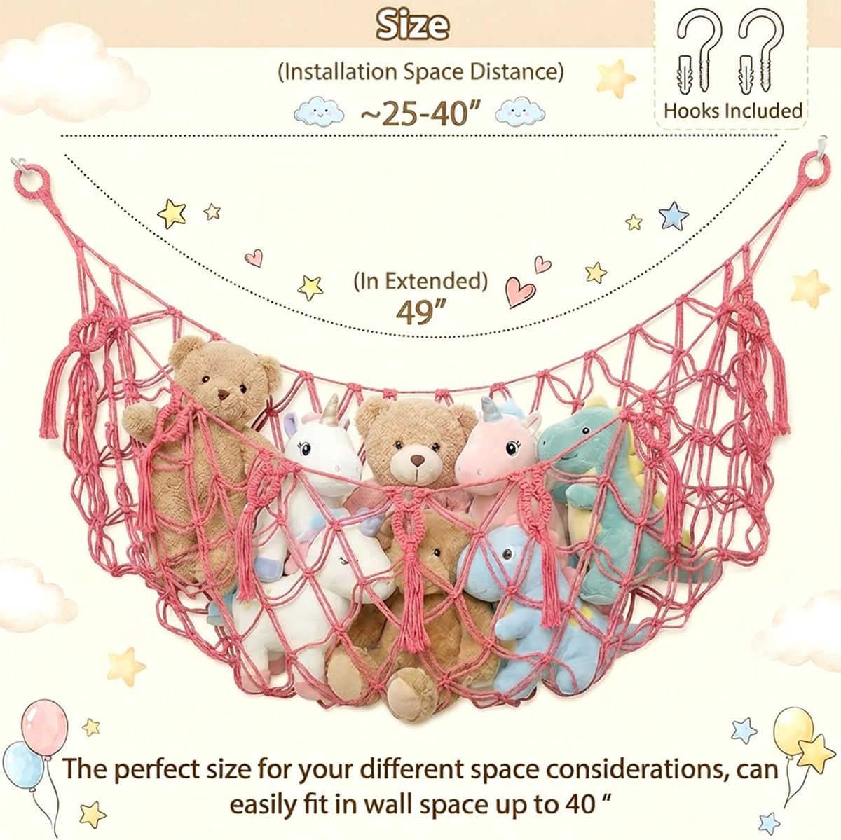 Stuffed Animal Net or Hammock XL for Flat Wall Mounted Handmade Macrame Toy Display Hanging Plush Toy Net for Stuff Animal Storage(Cream)
