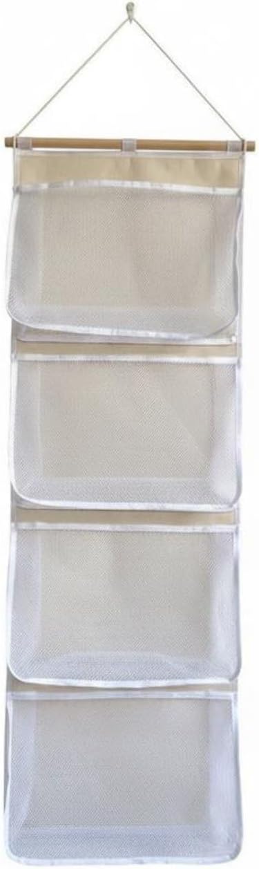 Wall Hanging Organizer Over Door Storage Bag Mesh Pocket Closet Organizer Hanging Bag Cotton Linen with Wooden Rod and String Suitable for Student, White
