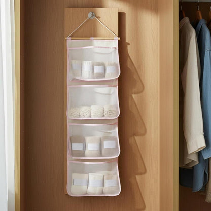Wall Hanging Organizer Over Door Storage Bag Mesh Pocket Closet Organizer Hanging Bag Cotton Linen with Wooden Rod and String Suitable for Student, White