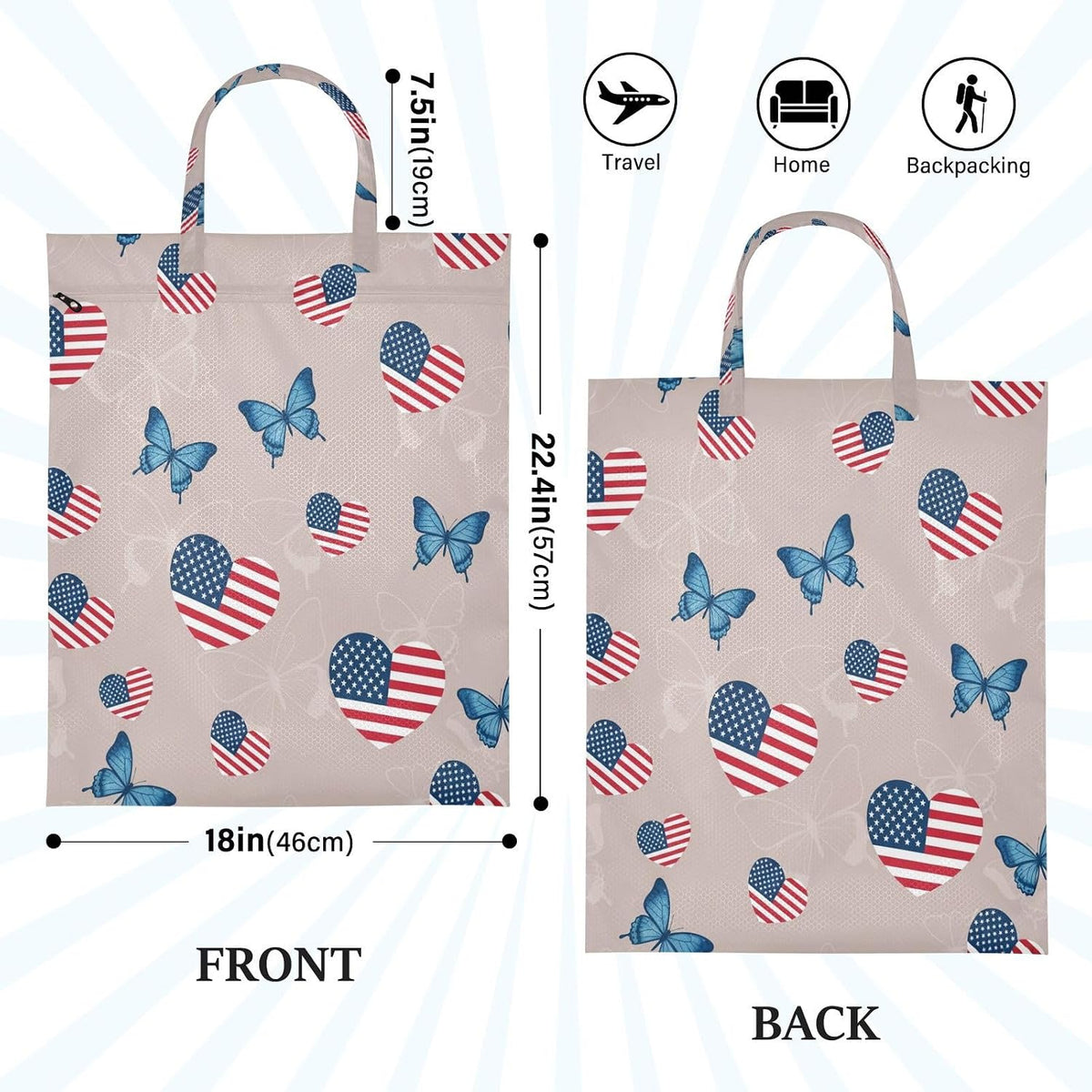 Patriotic Butterfly Waterproof Travel Laundry Bag Reusable 2pk