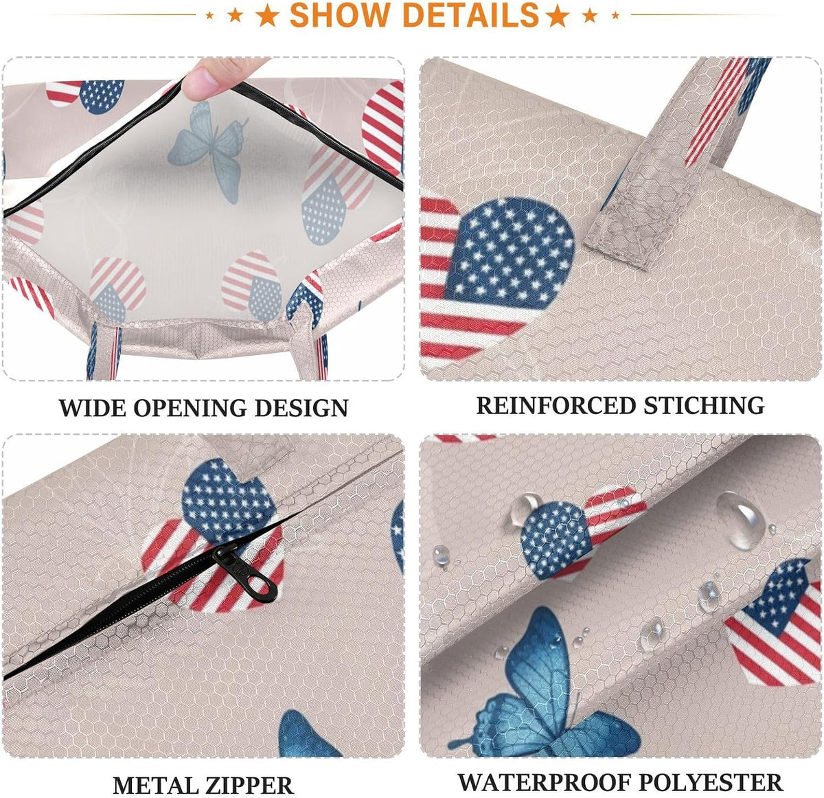 Patriotic Butterfly Waterproof Travel Laundry Bag Reusable 2pk