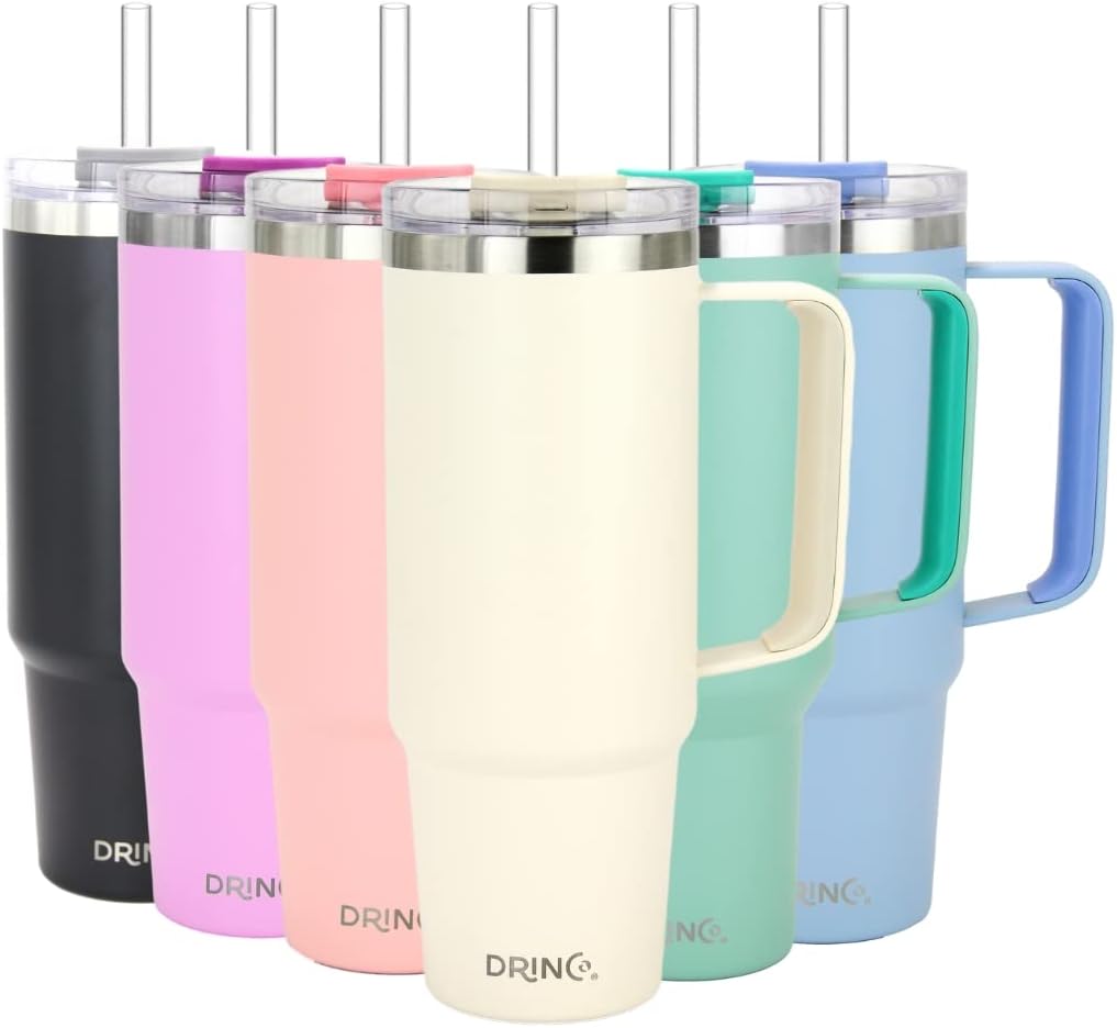 40oz 30 oz Tumbler with Handle, Straw Lid, Insulated Stainless Steel Travel Mug Water Bottle Ice Coffee Cup For Cold and Hot, BigSur (30oz Oatmilk)