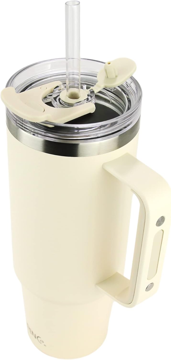 40oz 30 oz Tumbler with Handle, Straw Lid, Insulated Stainless Steel Travel Mug Water Bottle Ice Coffee Cup For Cold and Hot, BigSur (30oz Oatmilk)
