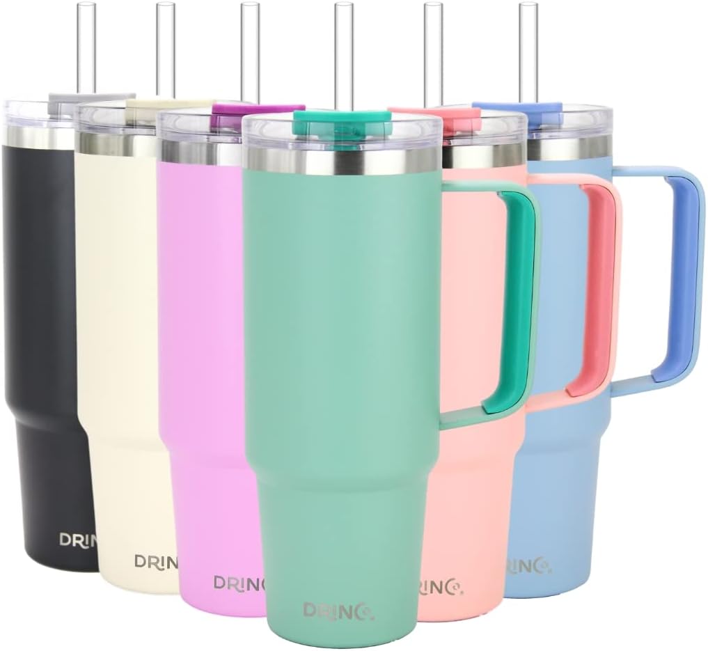 40oz 30 oz Tumbler with Handle, Straw Lid, Insulated Stainless Steel Travel Mug Water Bottle Ice Coffee Cup For Cold and Hot, BigSur (30oz Oatmilk)