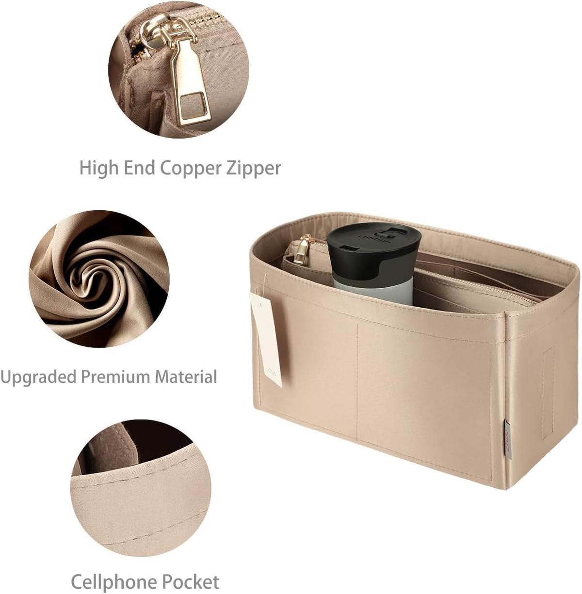 Purse Organizer Insert For Handbags, Purse Organizer With Zipper, Neverfull Organizer, Bag Organizer For Speedy Neverfull ONTHEGO Tote, Handbag and More (Silky Brown, small)
