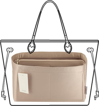 Purse Organizer Insert For Handbags, Purse Organizer With Zipper, Neverfull Organizer, Bag Organizer For Speedy Neverfull ONTHEGO Tote, Handbag and More (Silky Brown, small)