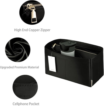 Purse Organizer Insert For Handbags, Purse Organizer With Zipper, Neverfull Organizer, Bag Organizer For Speedy Neverfull ONTHEGO Tote, Handbag and More (Silky Brown, small)