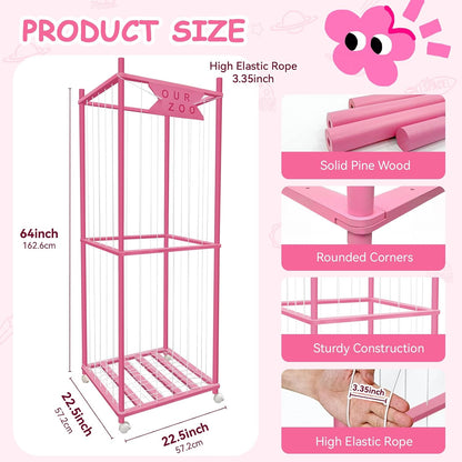 Stuffed Animal Storage Zoo with Wheels, Wooden Large Stuff Animals Plushies Holder Toy Organizer Kids Plush Storage Cage with Elastic Band and Net for Nursery Playroom Corner for Toddler (Hot Pink)