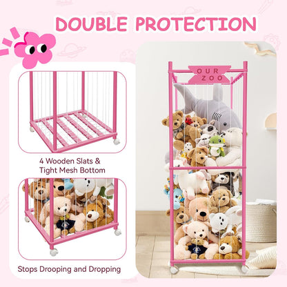 Stuffed Animal Storage Zoo with Wheels, Wooden Large Stuff Animals Plushies Holder Toy Organizer Kids Plush Storage Cage with Elastic Band and Net for Nursery Playroom Corner for Toddler (Hot Pink)