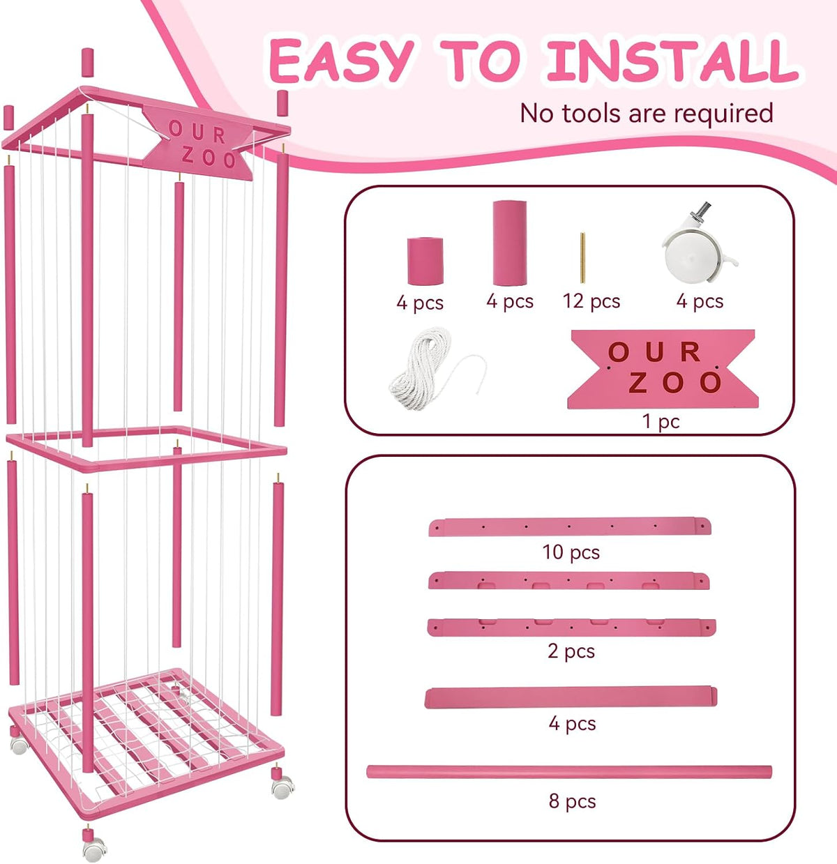 Stuffed Animal Storage Zoo with Wheels, Wooden Large Stuff Animals Plushies Holder Toy Organizer Kids Plush Storage Cage with Elastic Band and Net for Nursery Playroom Corner for Toddler (Hot Pink)