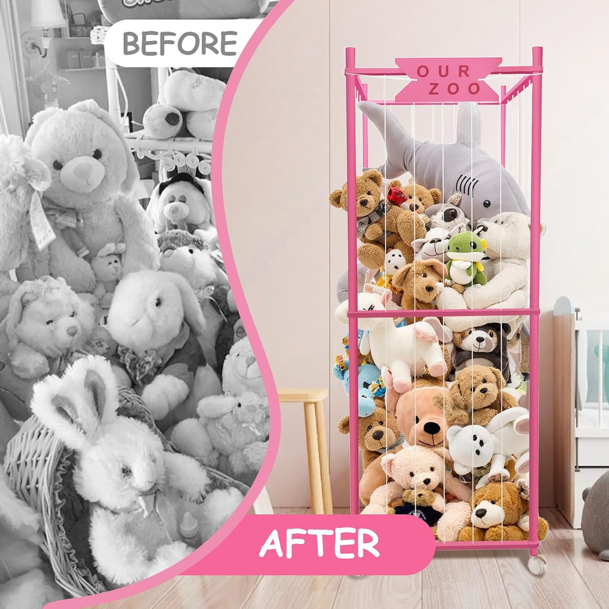 Stuffed Animal Storage Zoo with Wheels, Wooden Large Stuff Animals Plushies Holder Toy Organizer Kids Plush Storage Cage with Elastic Band and Net for Nursery Playroom Corner for Toddler (Hot Pink)