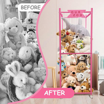 Stuffed Animal Storage Zoo with Wheels, Wooden Large Stuff Animals Plushies Holder Toy Organizer Kids Plush Storage Cage with Elastic Band and Net for Nursery Playroom Corner for Toddler (Hot Pink)