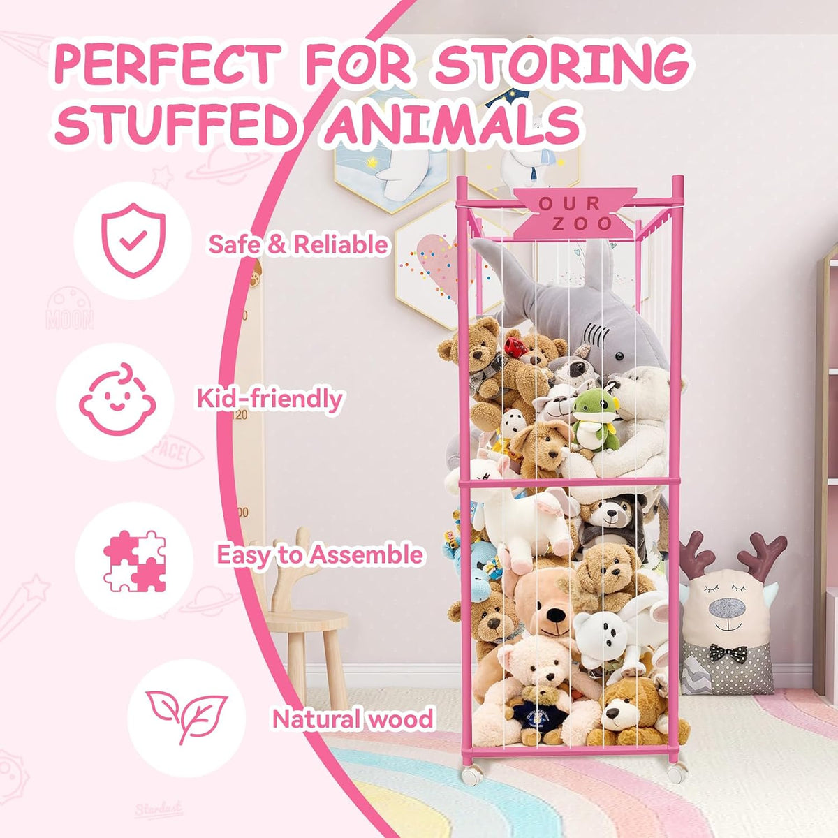 Stuffed Animal Storage Zoo with Wheels, Wooden Large Stuff Animals Plushies Holder Toy Organizer Kids Plush Storage Cage with Elastic Band and Net for Nursery Playroom Corner for Toddler (Hot Pink)