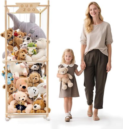 Stuffed Animal Storage Zoo with Wheels, Wooden Large Stuff Animals Plushies Holder Toy Organizer Kids Plush Storage Cage with Elastic Band and Net for Nursery Playroom Corner for Toddler (Hot Pink)