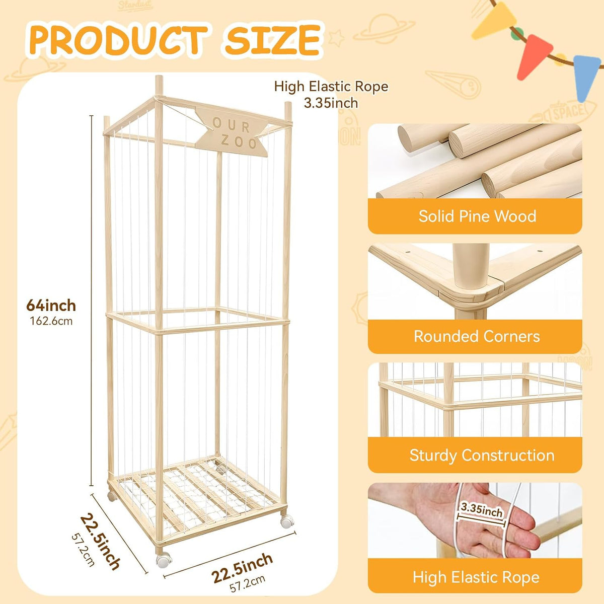 Stuffed Animal Storage Zoo with Wheels, Wooden Large Stuff Animals Plushies Holder Toy Organizer Kids Plush Storage Cage with Elastic Band and Net for Nursery Playroom Corner for Toddler (Hot Pink)