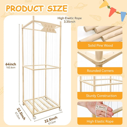 Stuffed Animal Storage Zoo with Wheels, Wooden Large Stuff Animals Plushies Holder Toy Organizer Kids Plush Storage Cage with Elastic Band and Net for Nursery Playroom Corner for Toddler (Hot Pink)