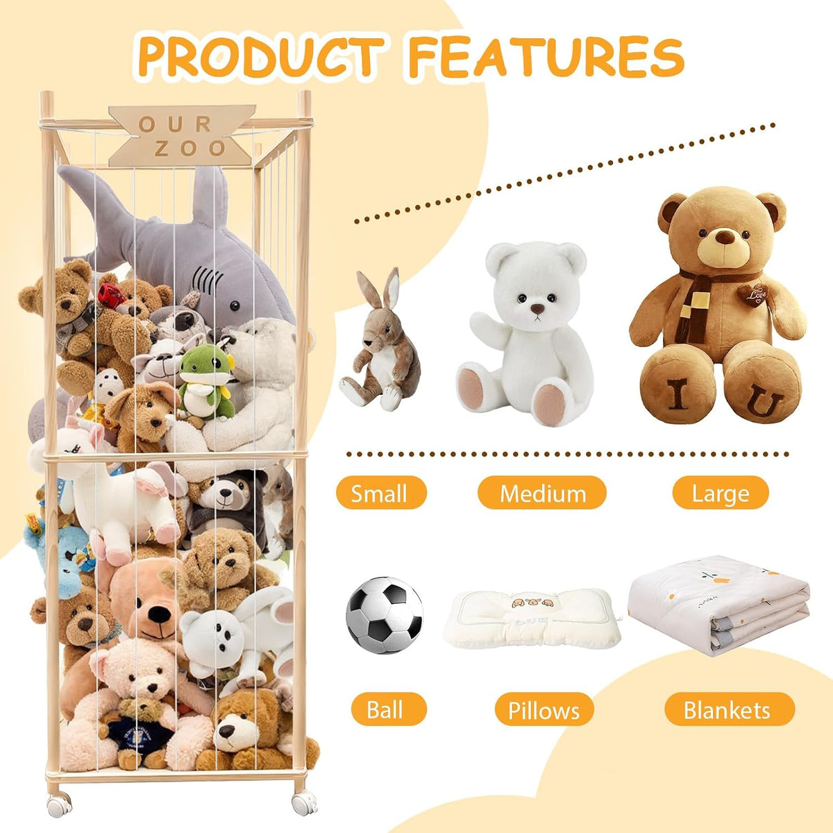 Stuffed Animal Storage Zoo with Wheels, Wooden Large Stuff Animals Plushies Holder Toy Organizer Kids Plush Storage Cage with Elastic Band and Net for Nursery Playroom Corner for Toddler (Hot Pink)