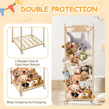 Stuffed Animal Storage Zoo with Wheels, Wooden Large Stuff Animals Plushies Holder Toy Organizer Kids Plush Storage Cage with Elastic Band and Net for Nursery Playroom Corner for Toddler (Hot Pink)