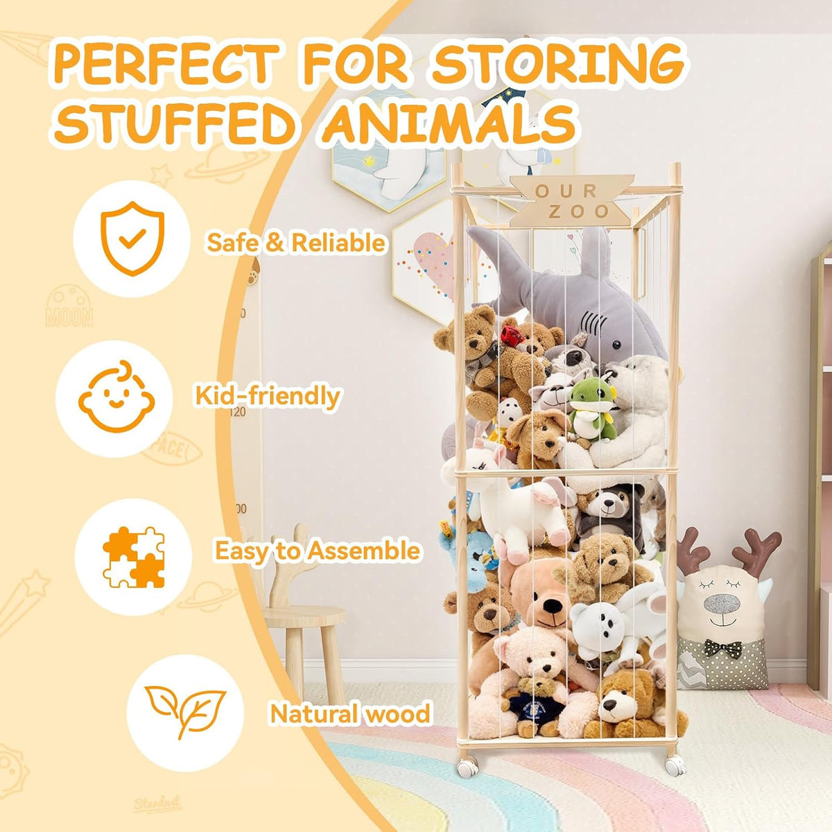 Stuffed Animal Storage Zoo with Wheels, Wooden Large Stuff Animals Plushies Holder Toy Organizer Kids Plush Storage Cage with Elastic Band and Net for Nursery Playroom Corner for Toddler (Hot Pink)