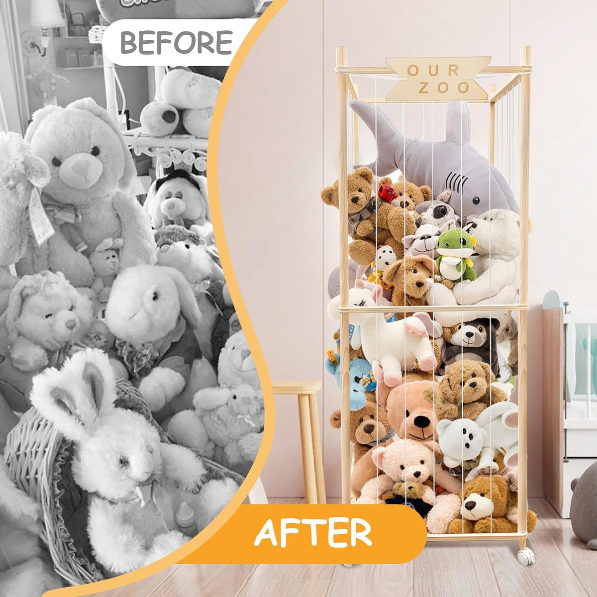 Stuffed Animal Storage Zoo with Wheels, Wooden Large Stuff Animals Plushies Holder Toy Organizer Kids Plush Storage Cage with Elastic Band and Net for Nursery Playroom Corner for Toddler (Hot Pink)
