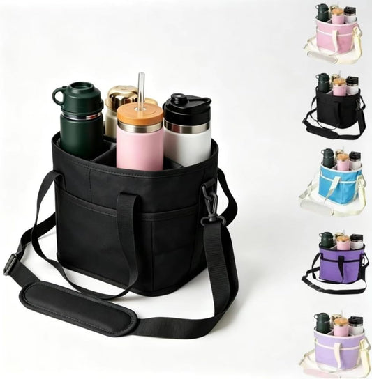 Insulated Drink Carrier Bag for 4 Cups, Family Size 4 Compartment Drink Bag,Water Bottle Holder with Adjustable Strap, Drink Caddy Tote for Coffee, Travel, Outings (Pink)