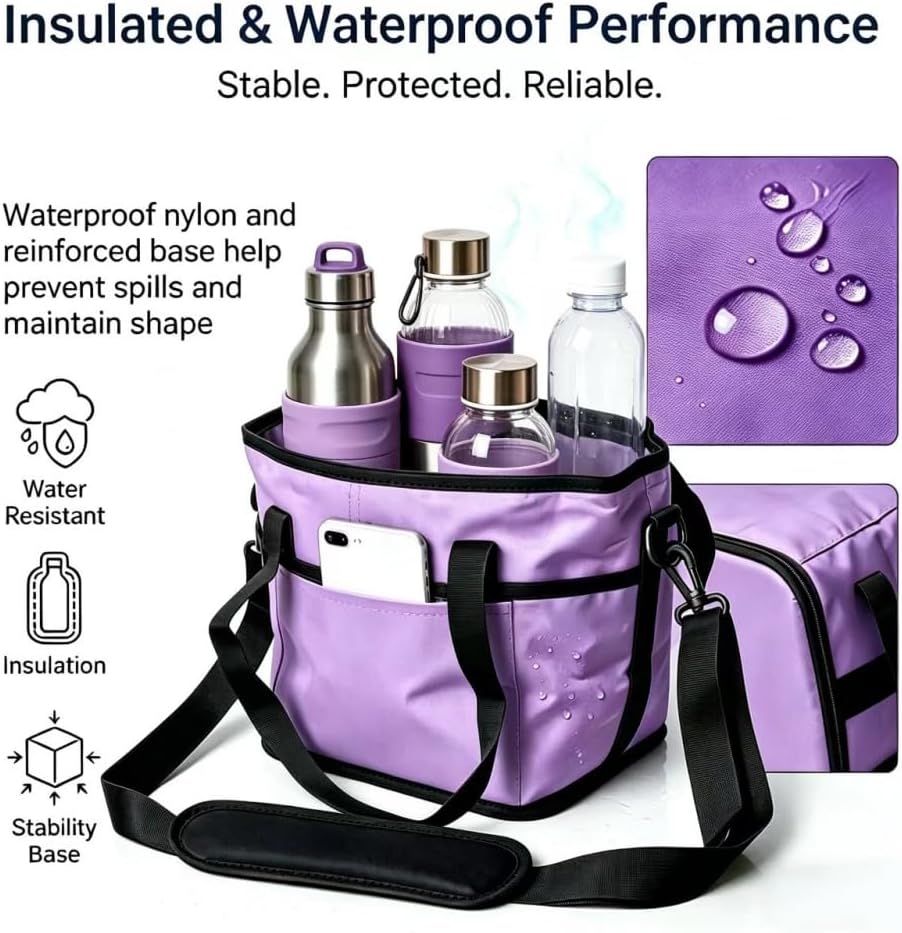 Insulated Drink Carrier Bag for 4 Cups, Family Size 4 Compartment Drink Bag,Water Bottle Holder with Adjustable Strap, Drink Caddy Tote for Coffee, Travel, Outings (Pink)