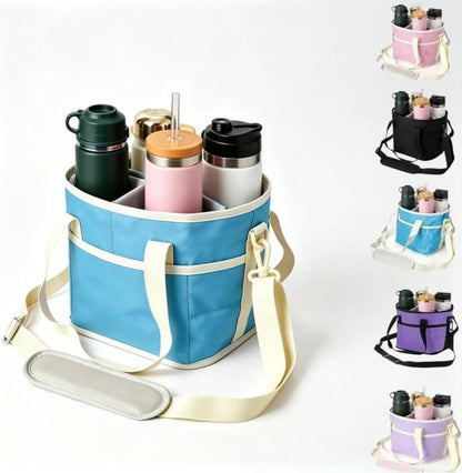 Insulated Drink Carrier Bag for 4 Cups, Family Size 4 Compartment Drink Bag,Water Bottle Holder with Adjustable Strap, Drink Caddy Tote for Coffee, Travel, Outings (Pink)