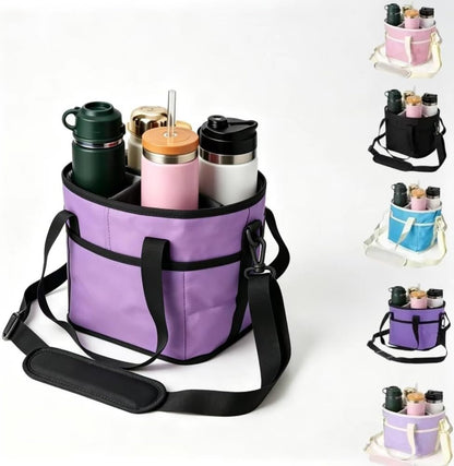 Insulated Drink Carrier Bag for 4 Cups, Family Size 4 Compartment Drink Bag,Water Bottle Holder with Adjustable Strap, Drink Caddy Tote for Coffee, Travel, Outings (Pink)