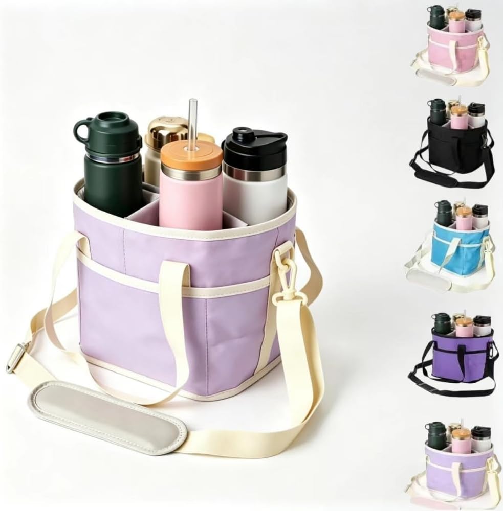 Insulated Drink Carrier Bag for 4 Cups, Family Size 4 Compartment Drink Bag,Water Bottle Holder with Adjustable Strap, Drink Caddy Tote for Coffee, Travel, Outings (Pink)