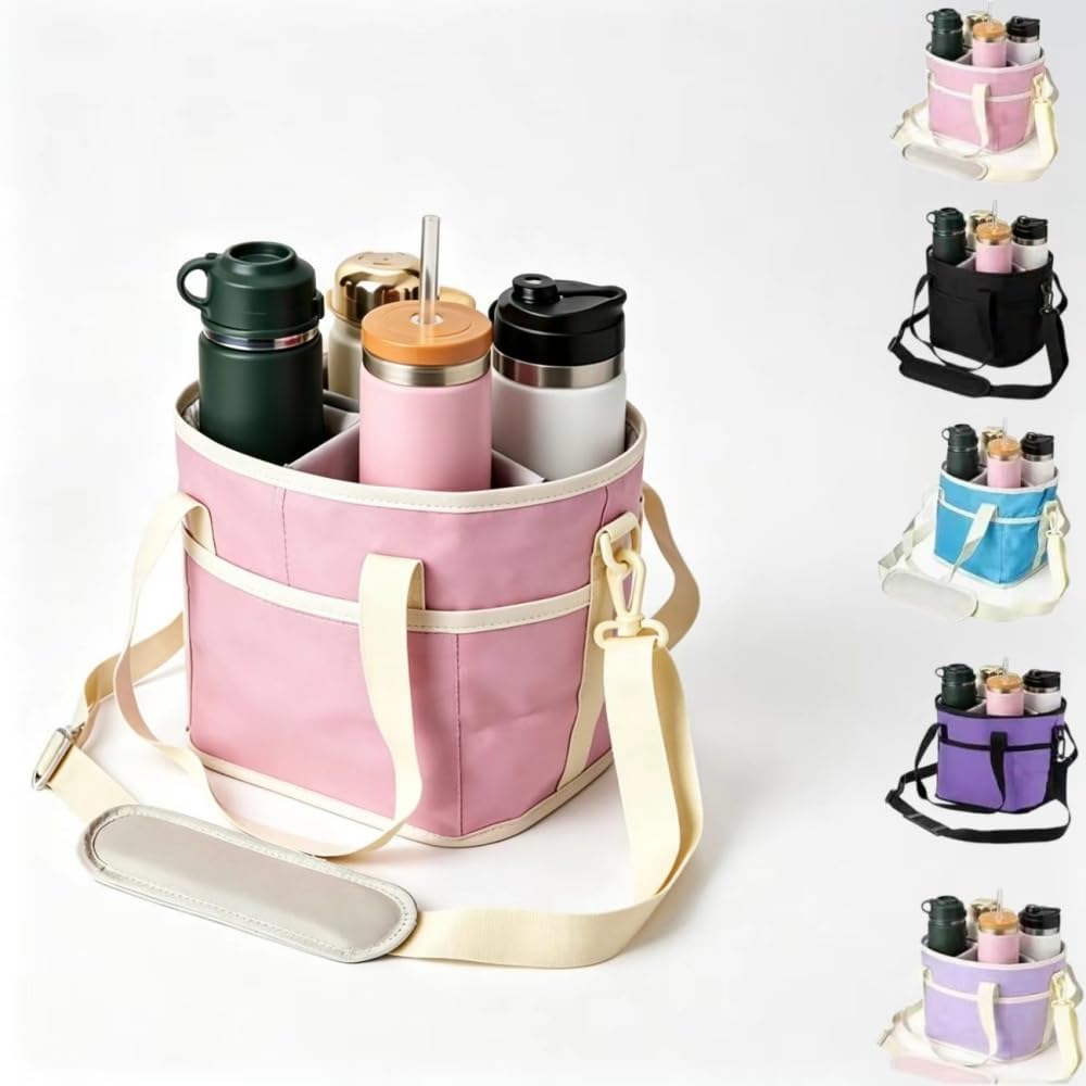 Insulated Drink Carrier Bag for 4 Cups, Family Size 4 Compartment Drink Bag,Water Bottle Holder with Adjustable Strap, Drink Caddy Tote for Coffee, Travel, Outings (Pink)