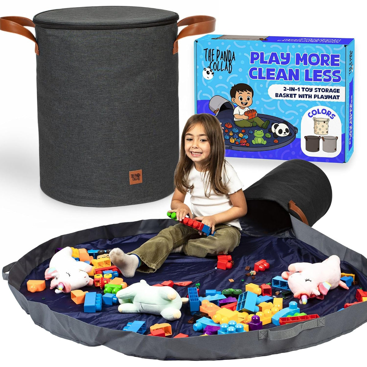 Toy Storage Basket and Playmat - Large Toy Blanket Storage Mat with Zippers - Slide Away Canvas Bag Storage Bin - Sturdy Kids Storage Baskets & Mat - Toy Bag Play Mat for Girls & Boys, Light Grey