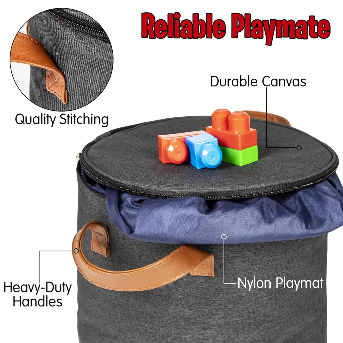 Toy Storage Basket and Playmat - Large Toy Blanket Storage Mat with Zippers - Slide Away Canvas Bag Storage Bin - Sturdy Kids Storage Baskets & Mat - Toy Bag Play Mat for Girls & Boys, Light Grey