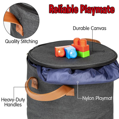 Toy Storage Basket and Playmat - Large Toy Blanket Storage Mat with Zippers - Slide Away Canvas Bag Storage Bin - Sturdy Kids Storage Baskets & Mat - Toy Bag Play Mat for Girls & Boys, Light Grey